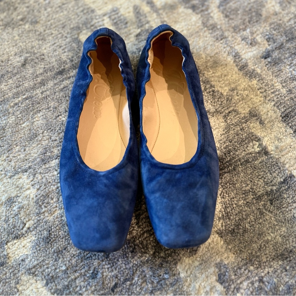 Blue suede square toe ballet slippers.  JCrew size 8. Worn once